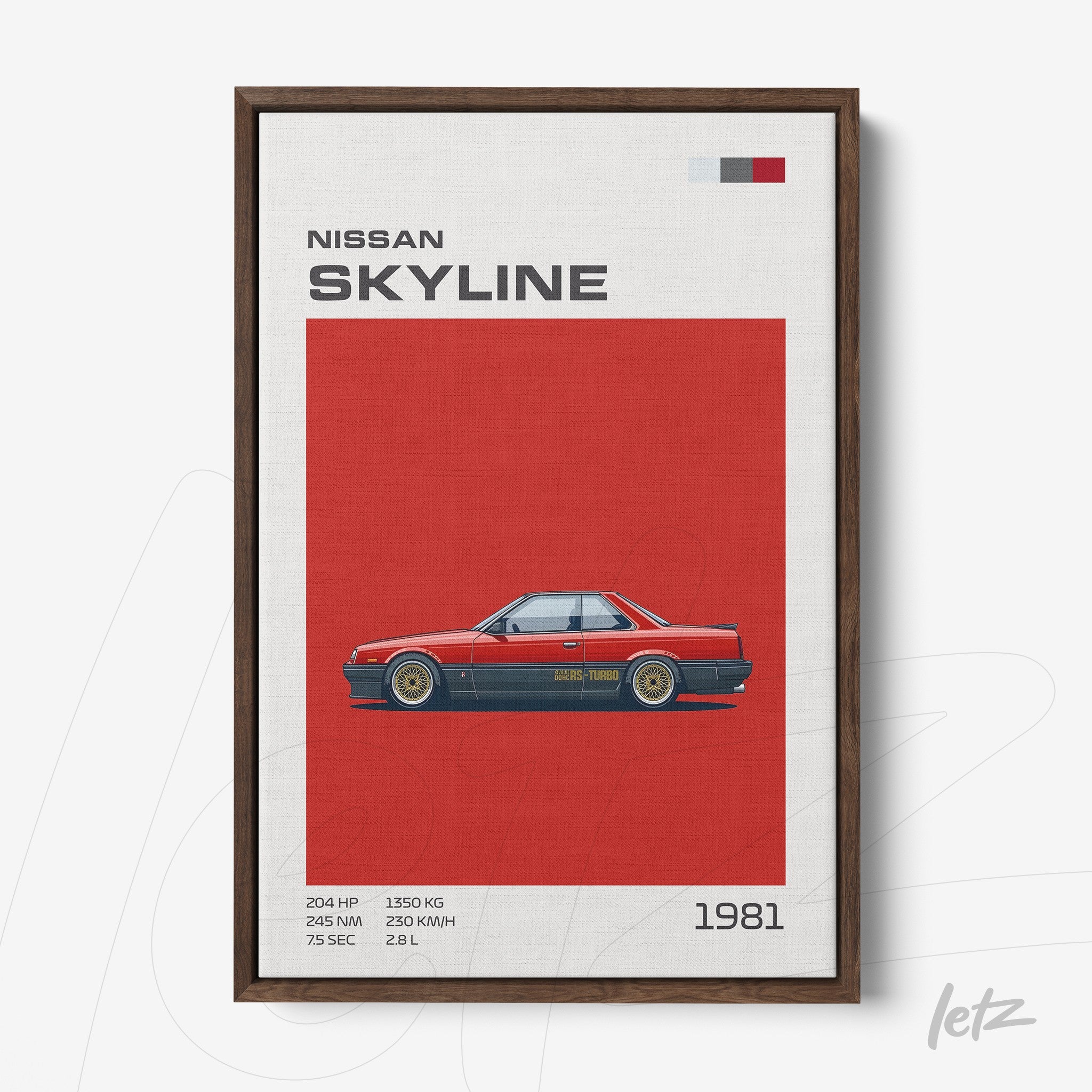 framed artwork featuring a Nissan Skyline 1981 illustration on a red background with dark wood frame