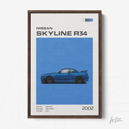 modern wall art featuring the Nissan Skyline R34 in a dark wooden frame