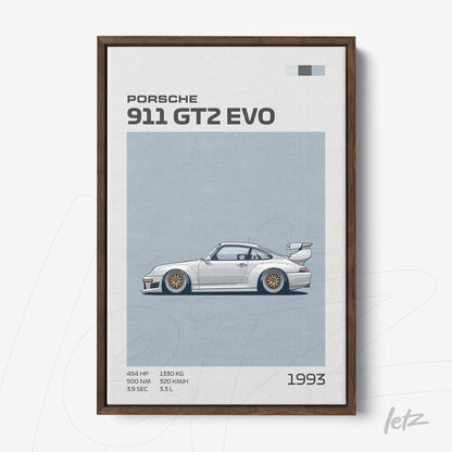 framed wall art depicting the porsche 911 gt2 evo in minimalist style with dark wood frame