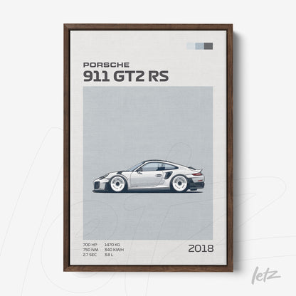 minimalist wall art of Porsche 911 GT2 RS vehicle in dark wood frame
