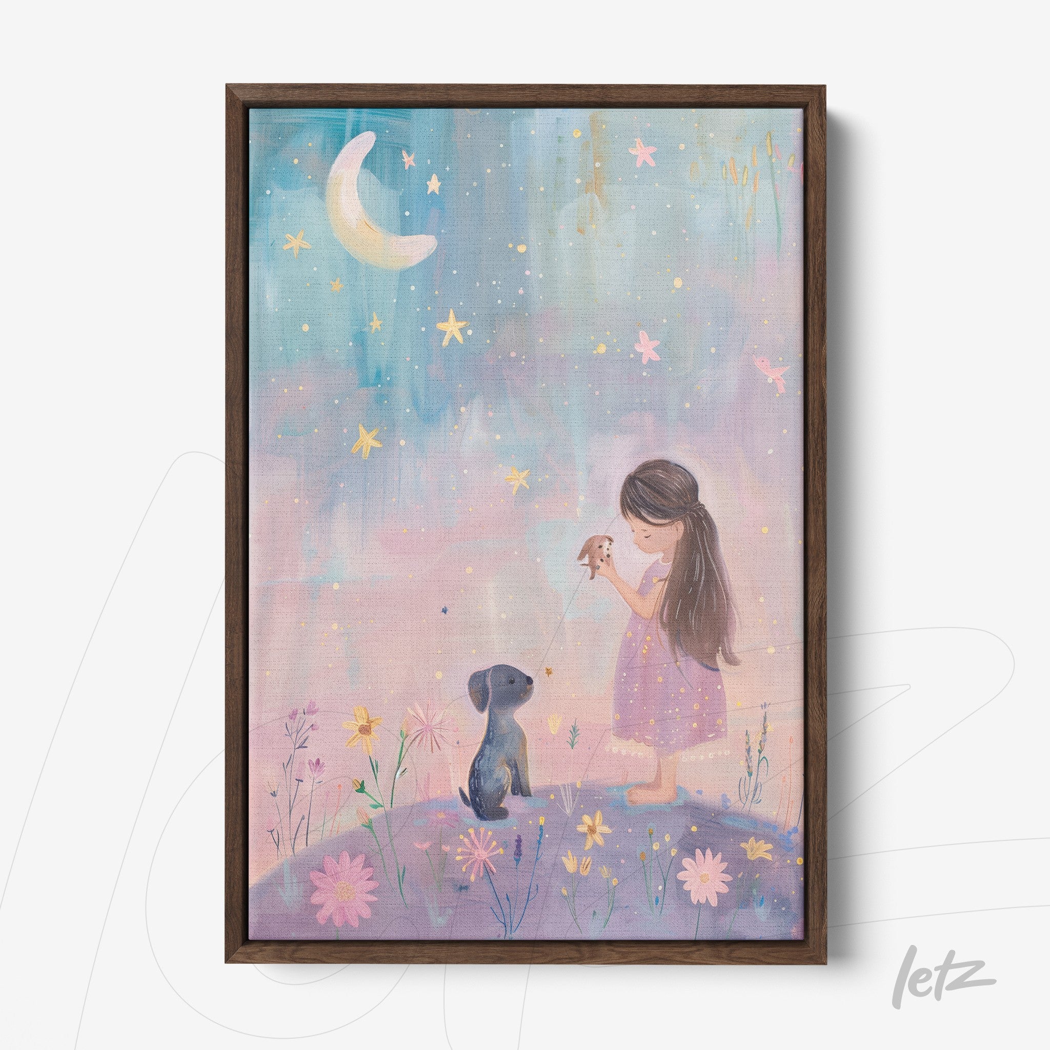 framed illustration of a girl in a pink dress with a dog in a starry night scene with colorful flowers and a crescent moon