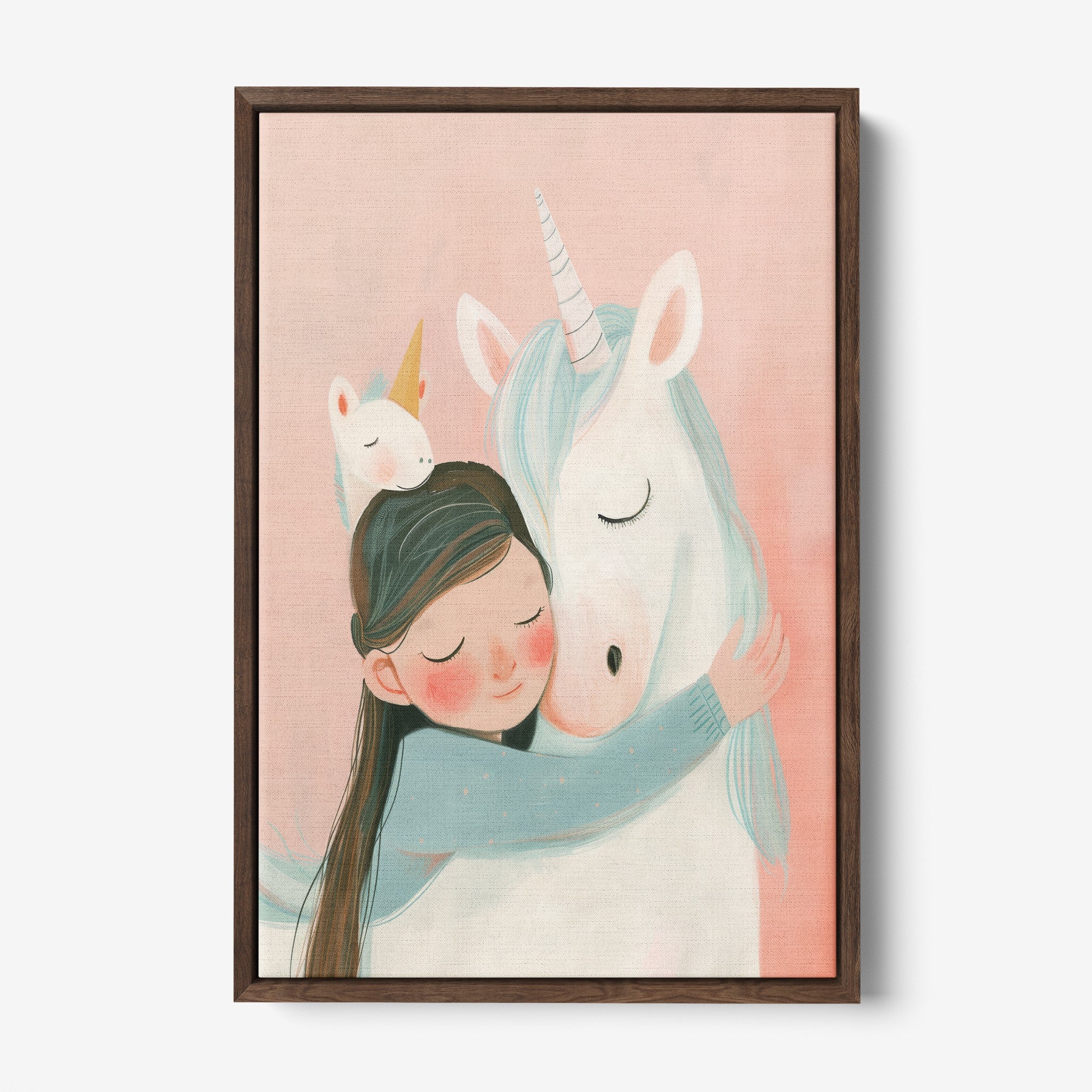 canvas print featuring a child character hugging a unicorn against a pink background