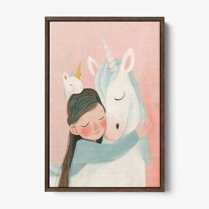canvas print featuring a child character hugging a unicorn against a pink background