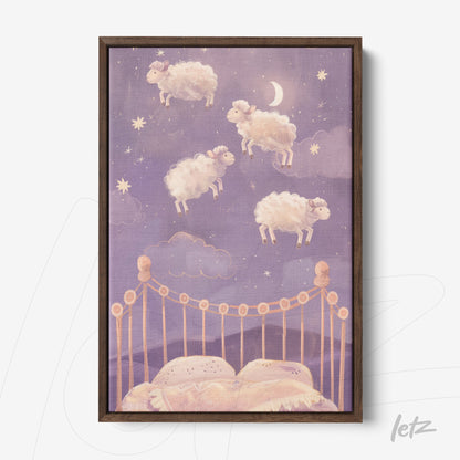 framed artwork of floating sheep in a starry sky above a bed with white sheets, in a dark wooden frame