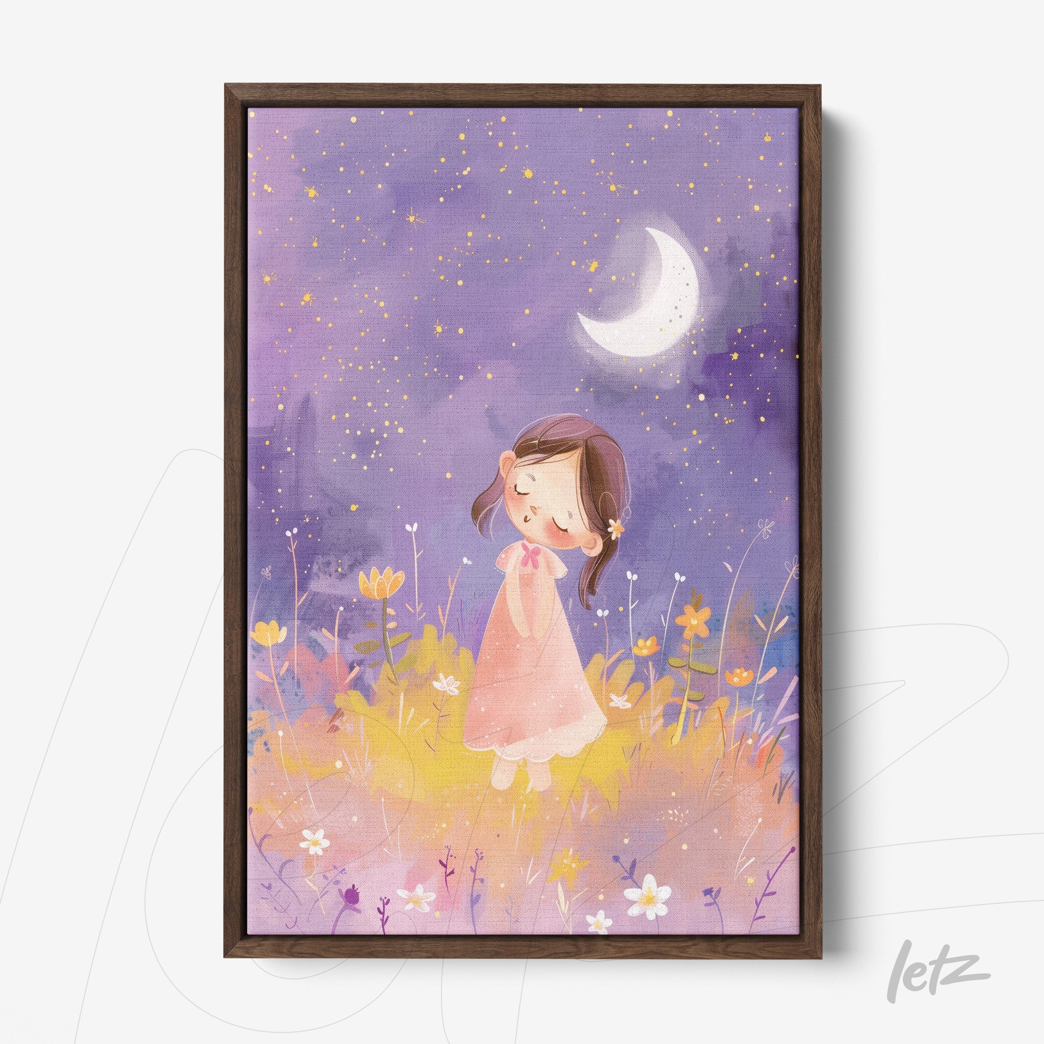 framed art of a dreaming girl under the moon with a lilac background and colorful flowers