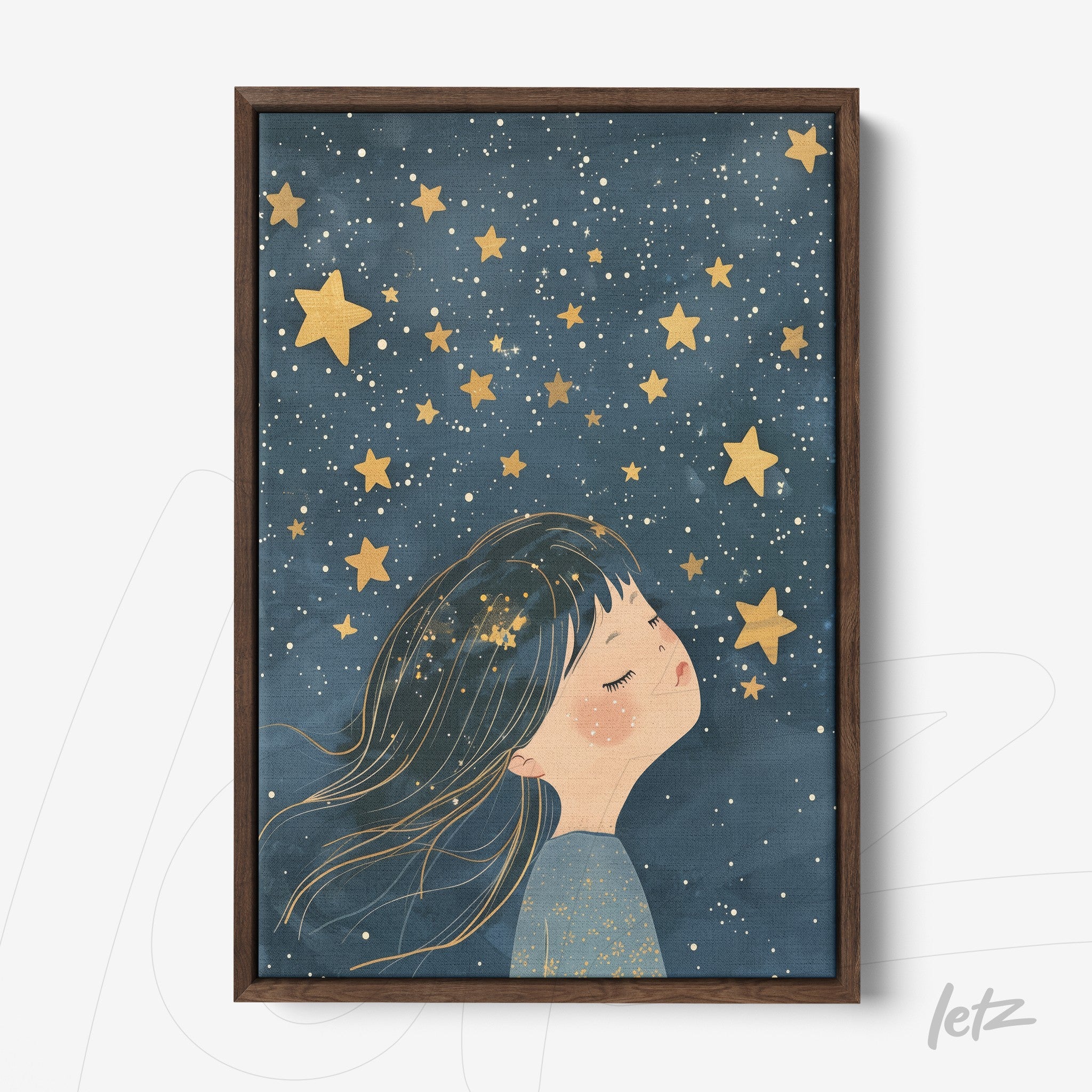 framed art depicting a girl dreaming under a starry sky with dark wood frame