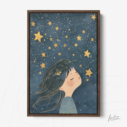 framed art depicting a girl dreaming under a starry sky with dark wood frame