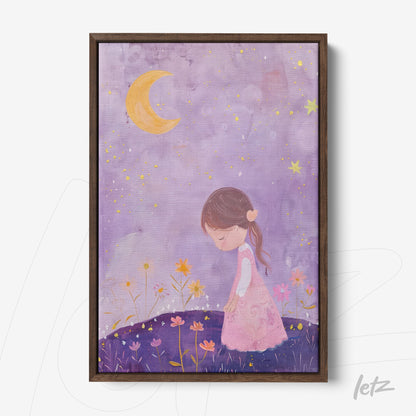 framed artwork of a girl in a flower field under a starry lilac sky with a yellow crescent moon