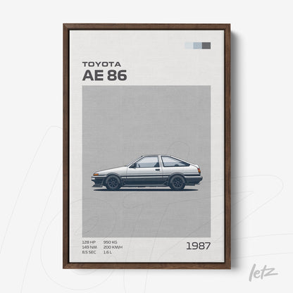 framed art print featuring a side view illustration of a toyota ae 86 car with dark wood frame against a gray background