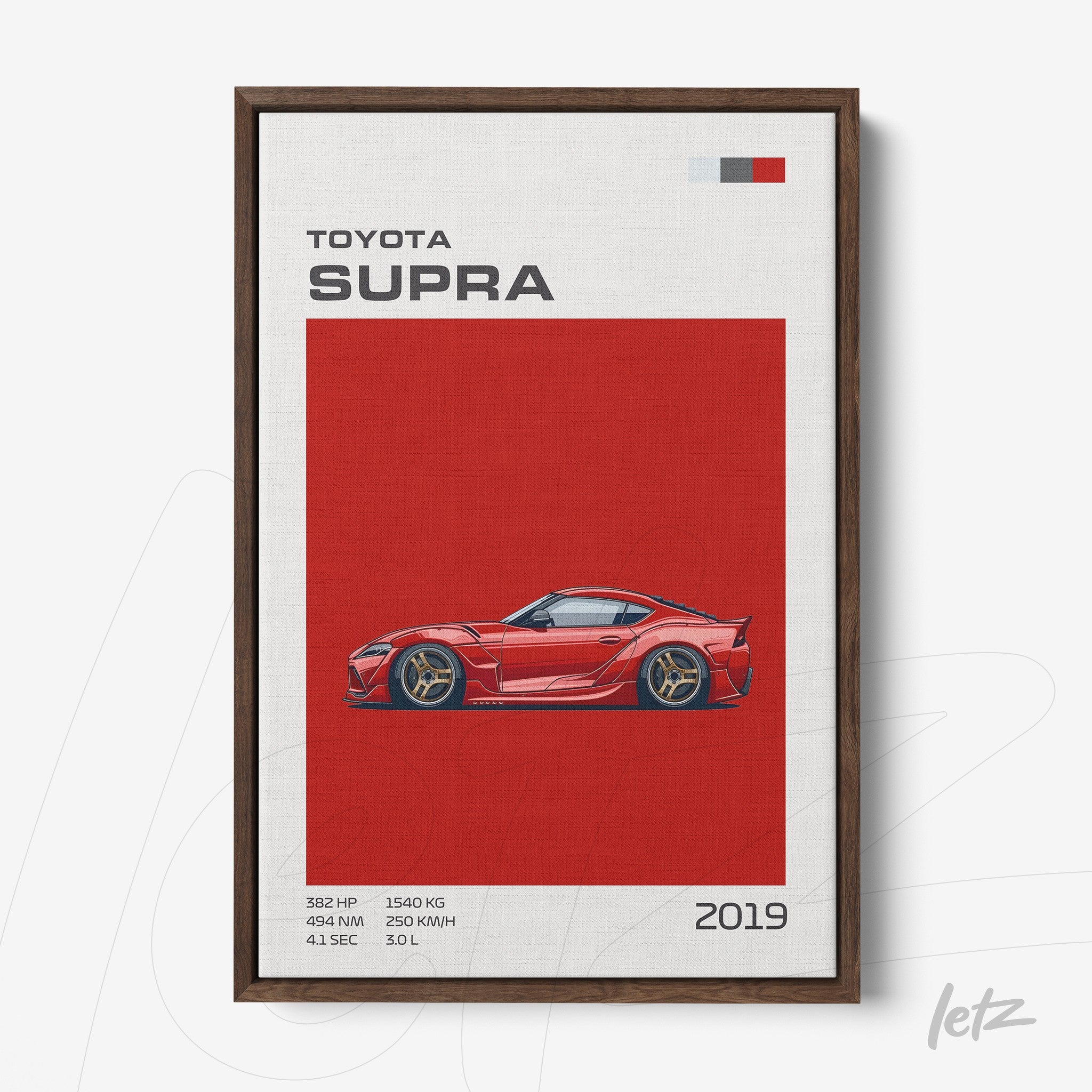 framed digital art of Toyota Supra car on red background with dark wood frame