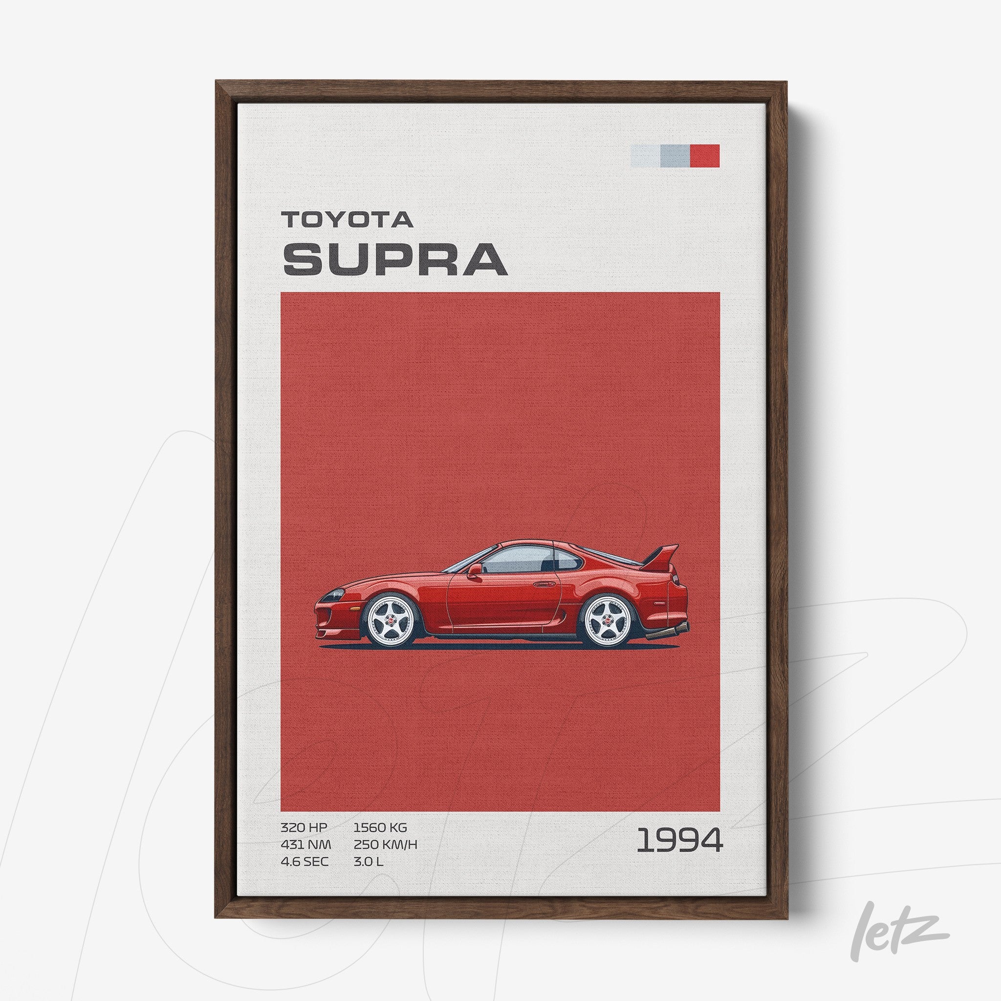 framed art featuring a 1994 Toyota Supra illustration on a red background with a dark wood frame