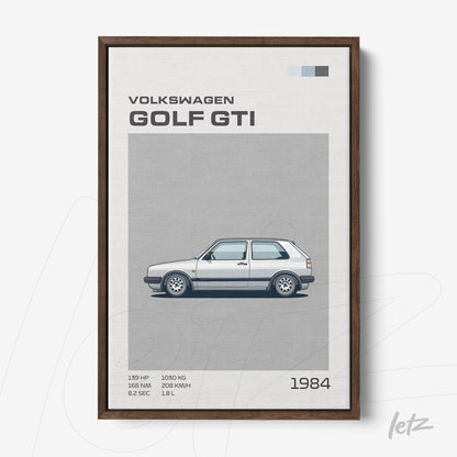 framed artwork featuring the Volkswagen Golf GTI car illustration with dark wooden frame