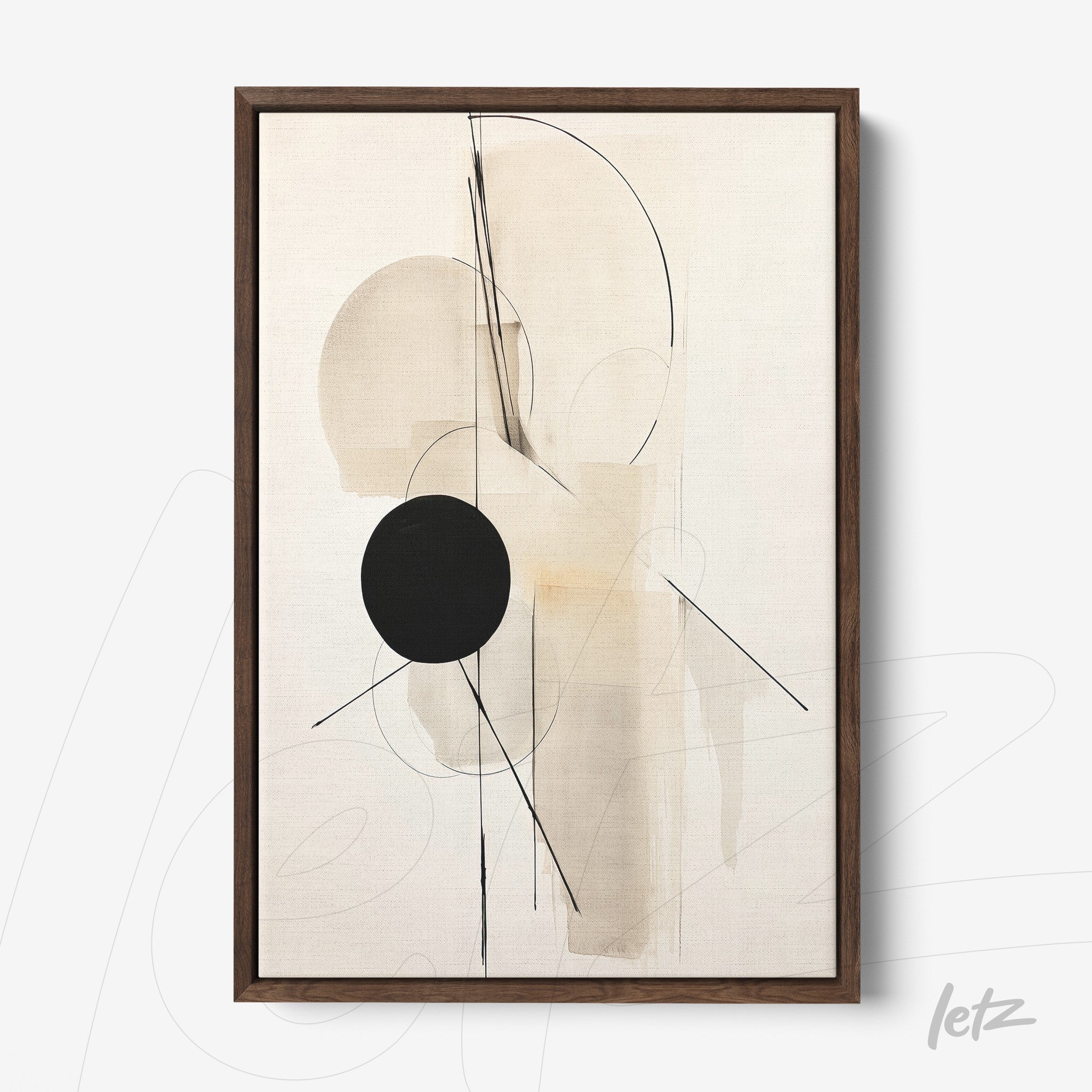abstract wall art in dark wood frame featuring geometric shapes in neutral tones with a black circle