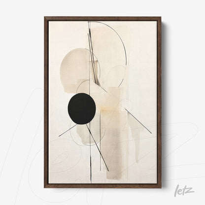 abstract wall art in dark wood frame featuring geometric shapes in neutral tones with a black circle