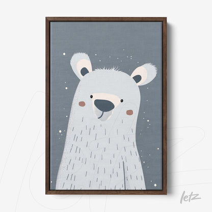 decorative wall art with a cute polar bear illustration in a childish style on a blue background, framed in dark wood