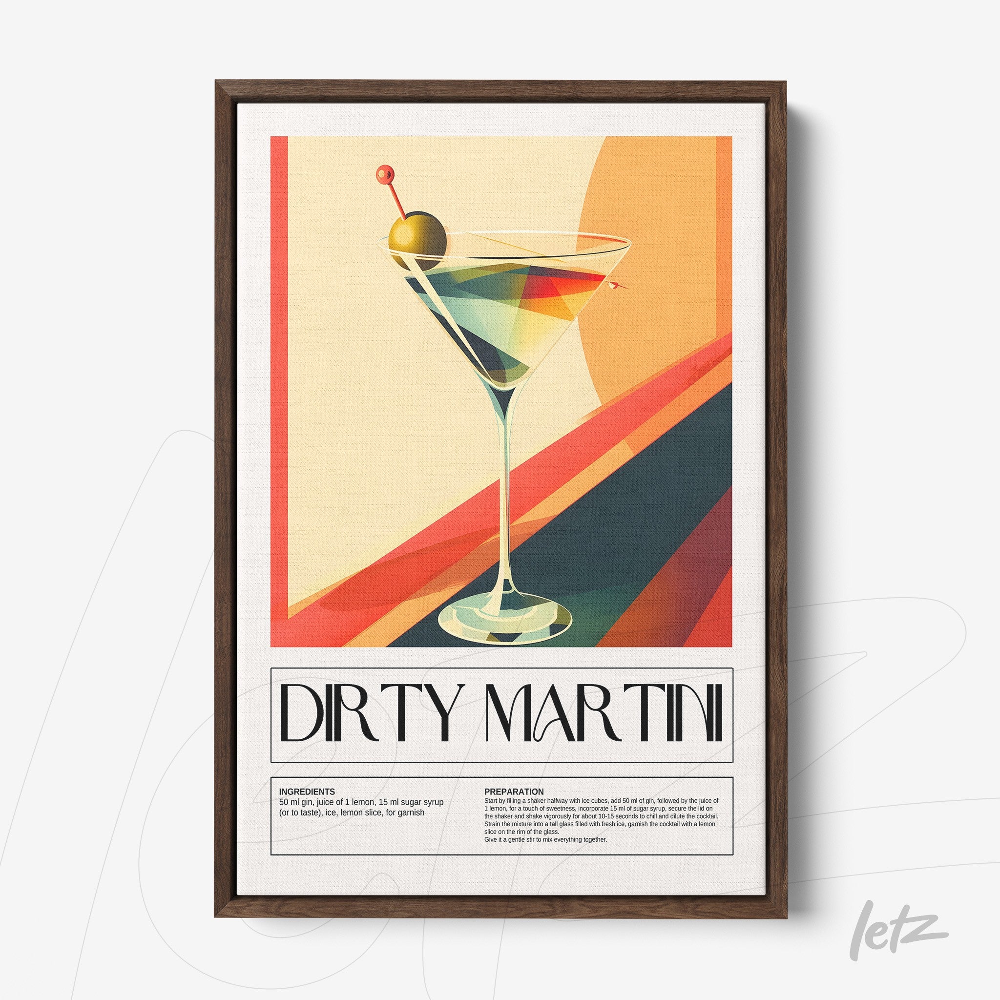 retro style framed art of a martini cocktail served in a glass with a dark wooden frame and colorful background