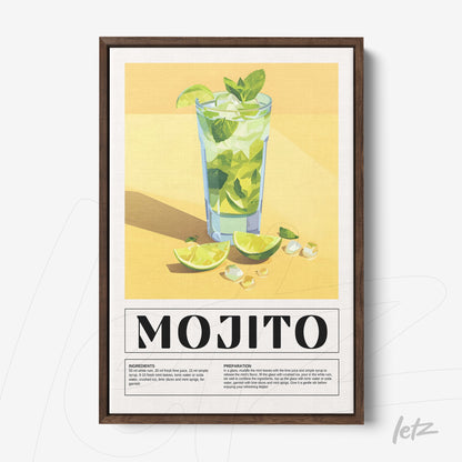 framed artwork depicting a mojito cocktail in a tall glass with mint leaves and sliced limes on a yellow background