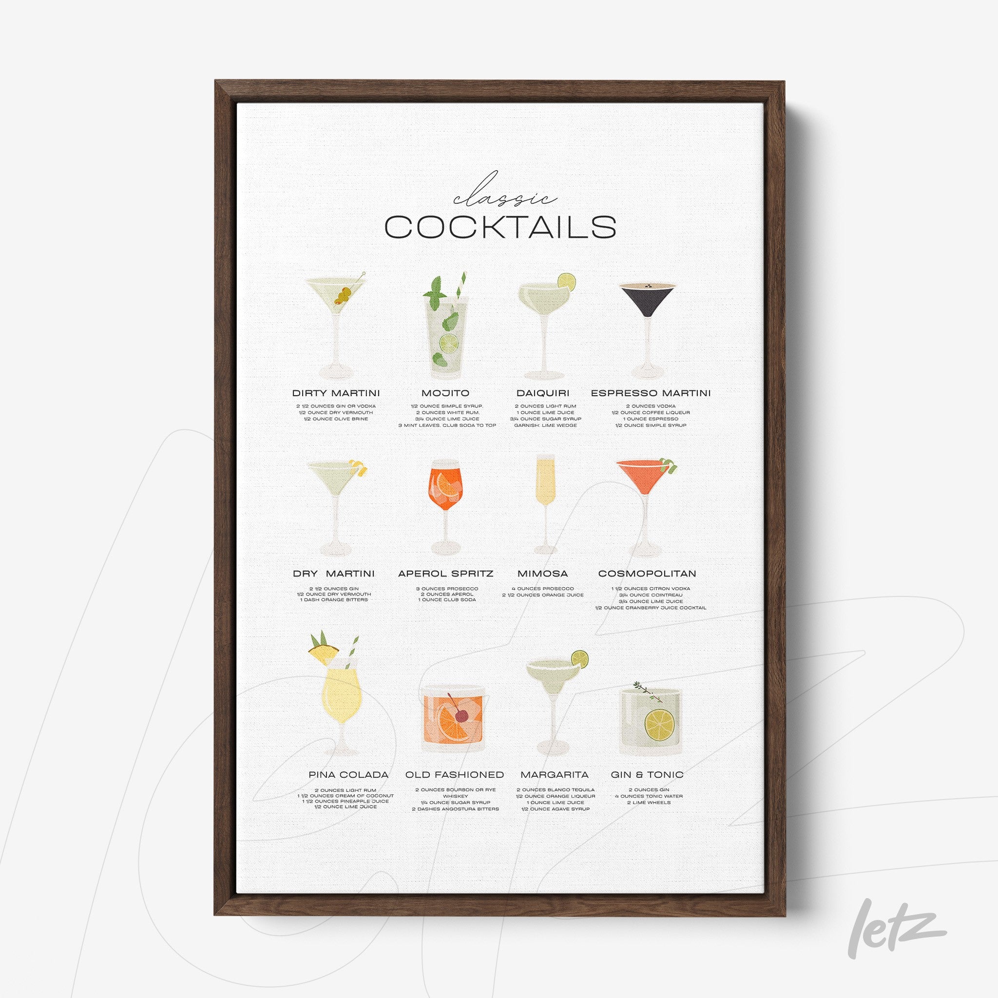 framed wall art featuring illustrations of classic cocktails in dark brown frame with light background