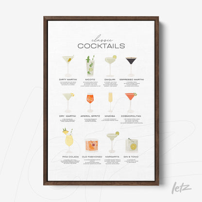 framed wall art featuring illustrations of classic cocktails in dark brown frame with light background