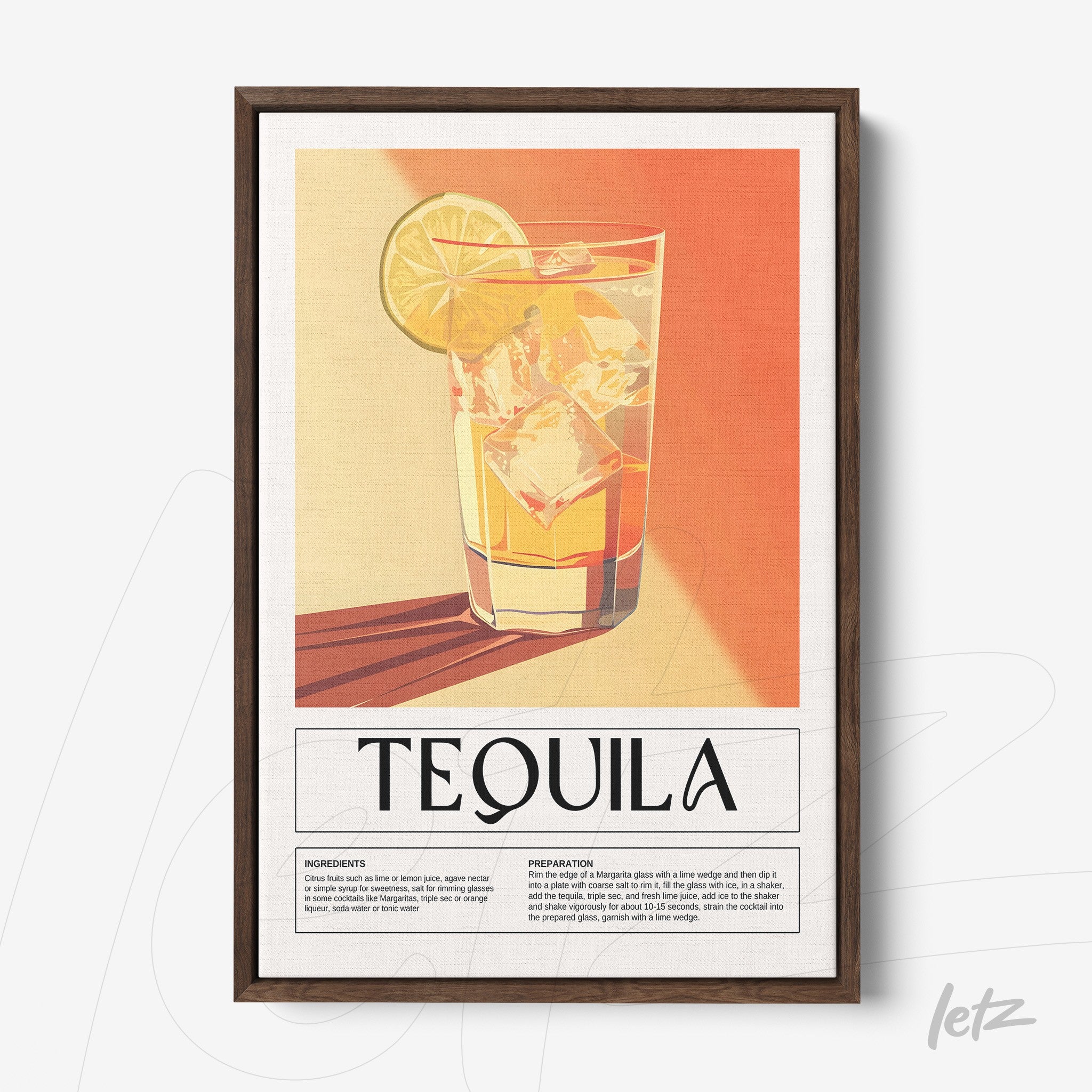 decorative wall art featuring retro illustration of tequila drink with dark wooden frame on orange background