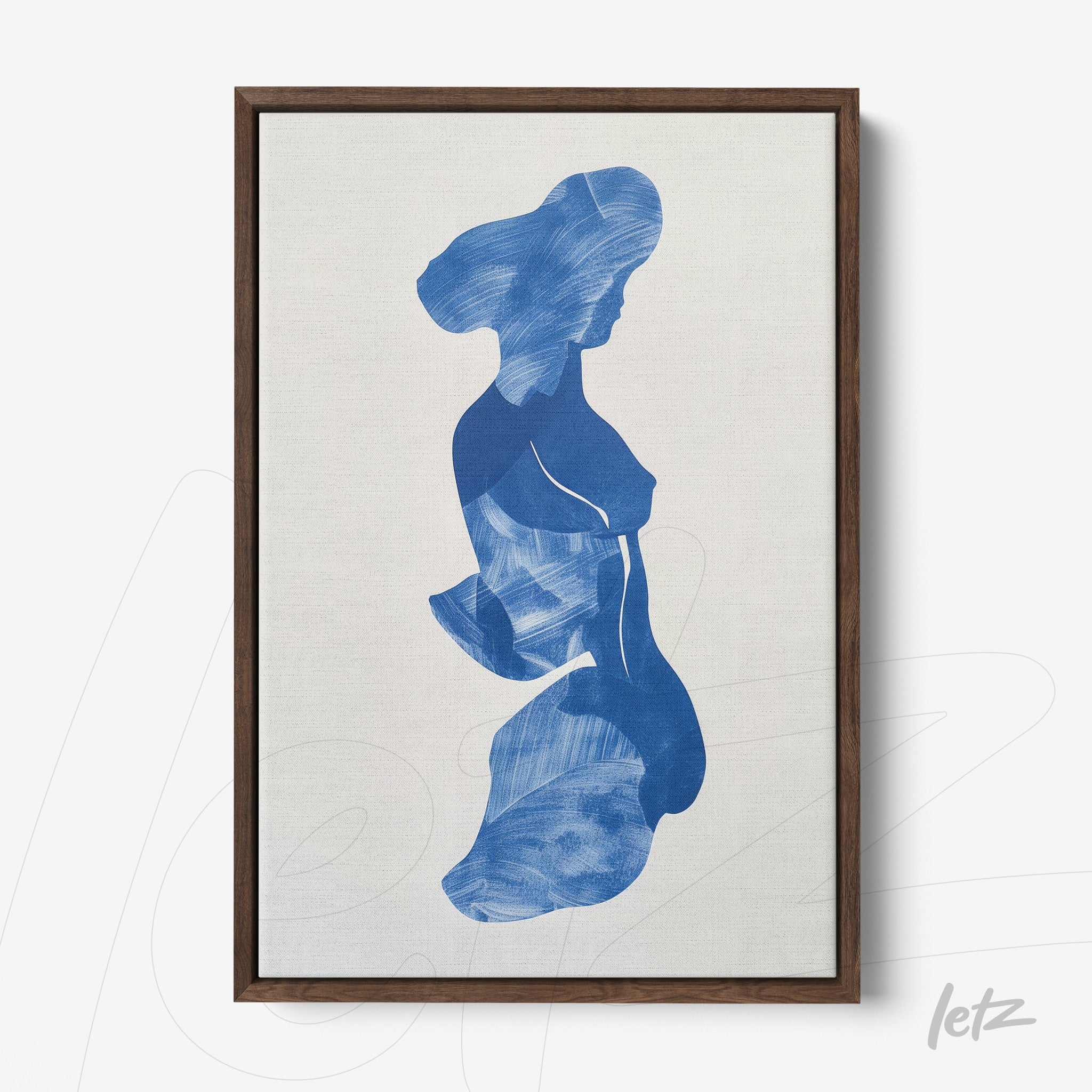 abstract wall art in blue depicting a feminine figure in dark wood frame