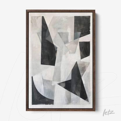 abstract artwork in black and gray featuring geometric shapes in dark wood frame