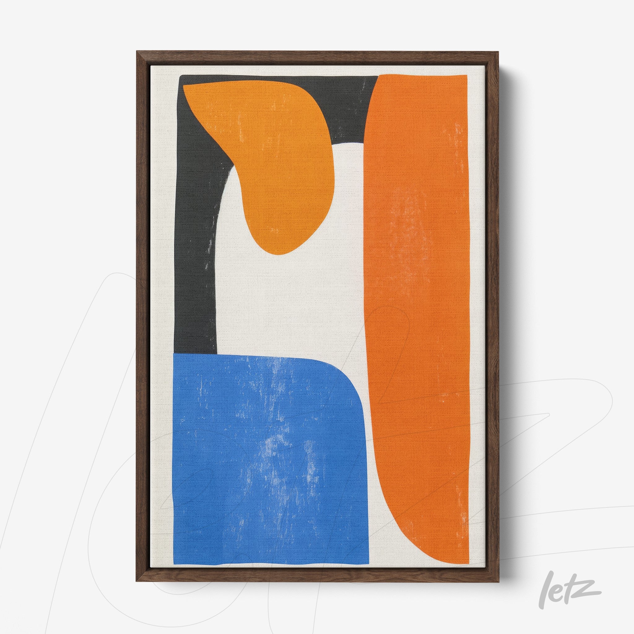 framed canvas artwork featuring abstract shapes in vibrant colors including orange, blue, and black