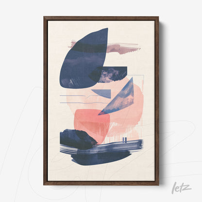 framed abstract art featuring shades of pink, blue, and beige with a dark wood frame