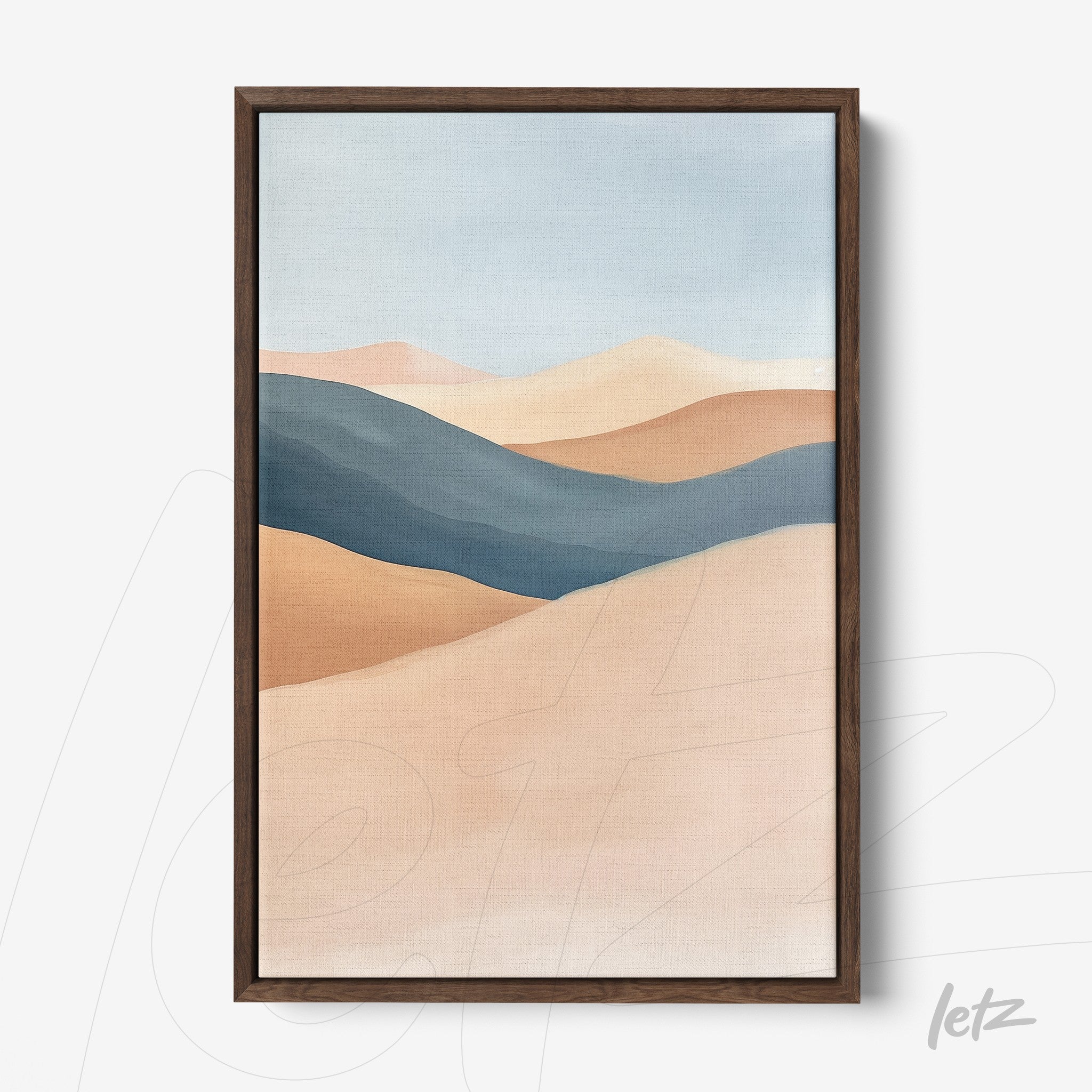 abstract landscape wall art in earthy tones and blues with dark wooden frame