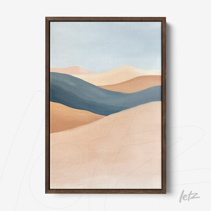 abstract landscape wall art in earthy tones and blues with dark wooden frame