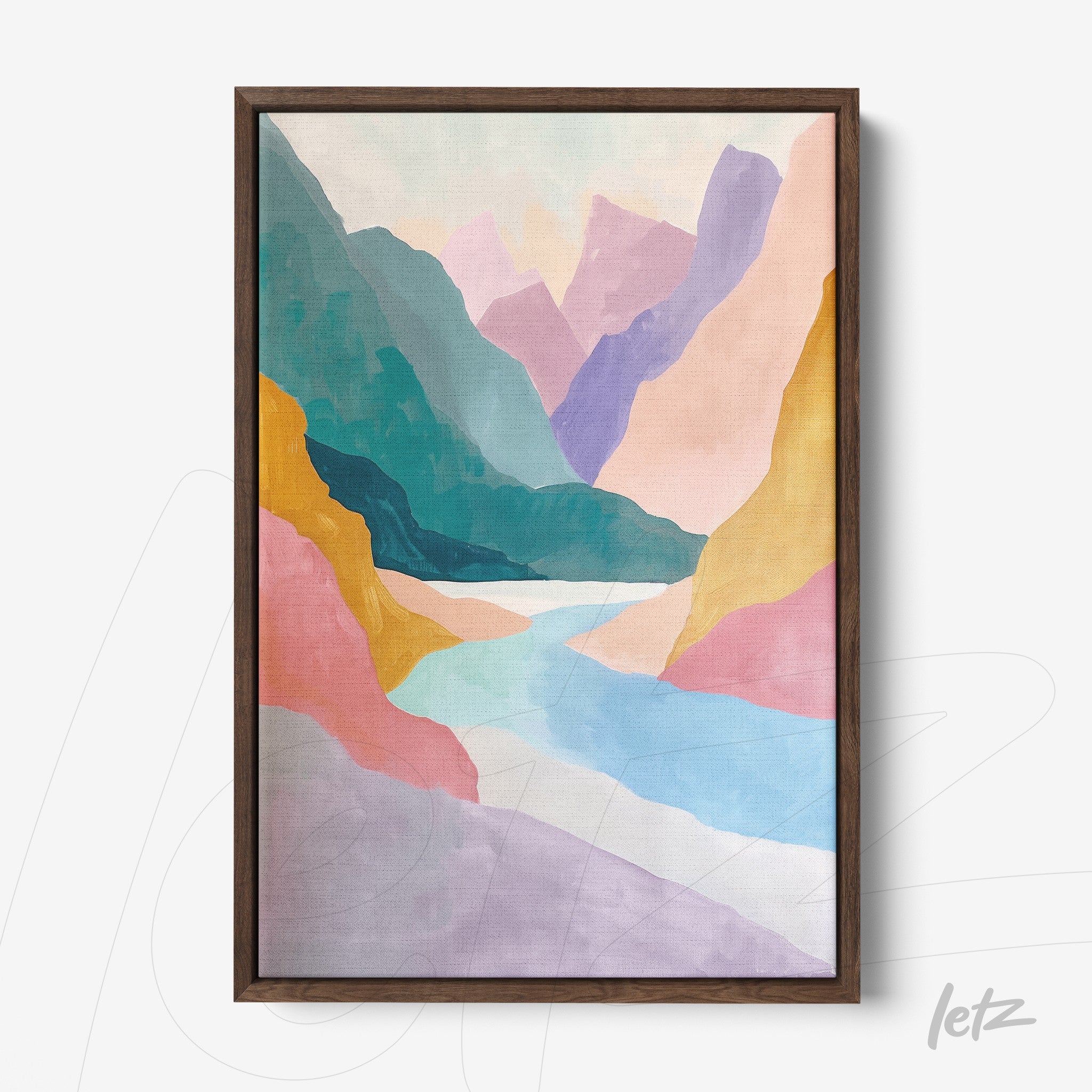 framed abstract art of a mountainous landscape with dark wooden frame