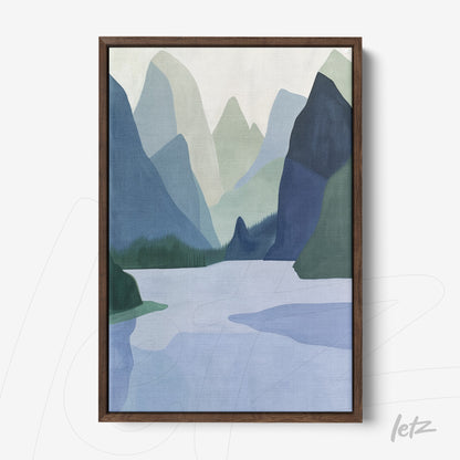 framed abstract art of a mountain landscape in brown frame