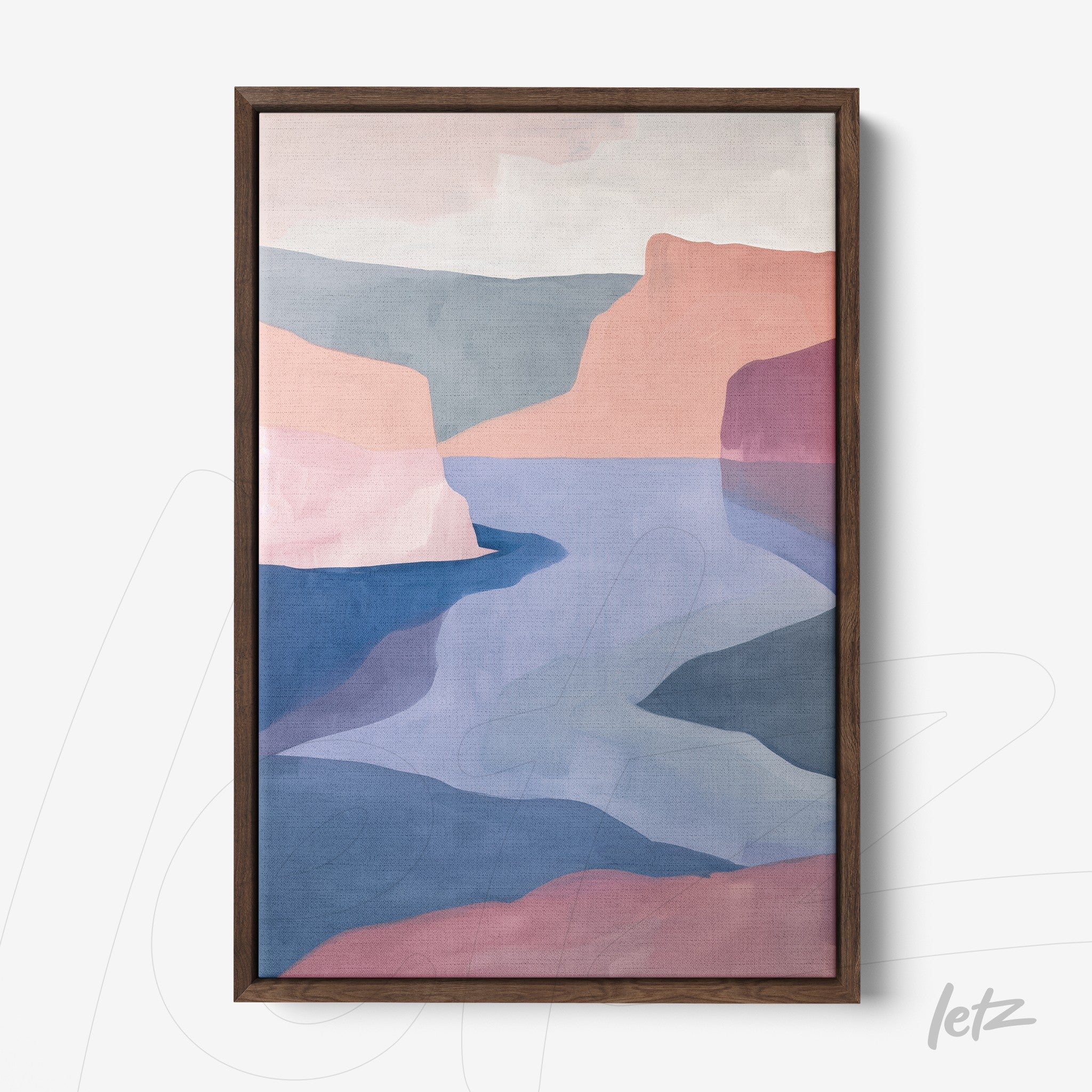 framed abstract landscape art with soft pastel colors in dark wood frame