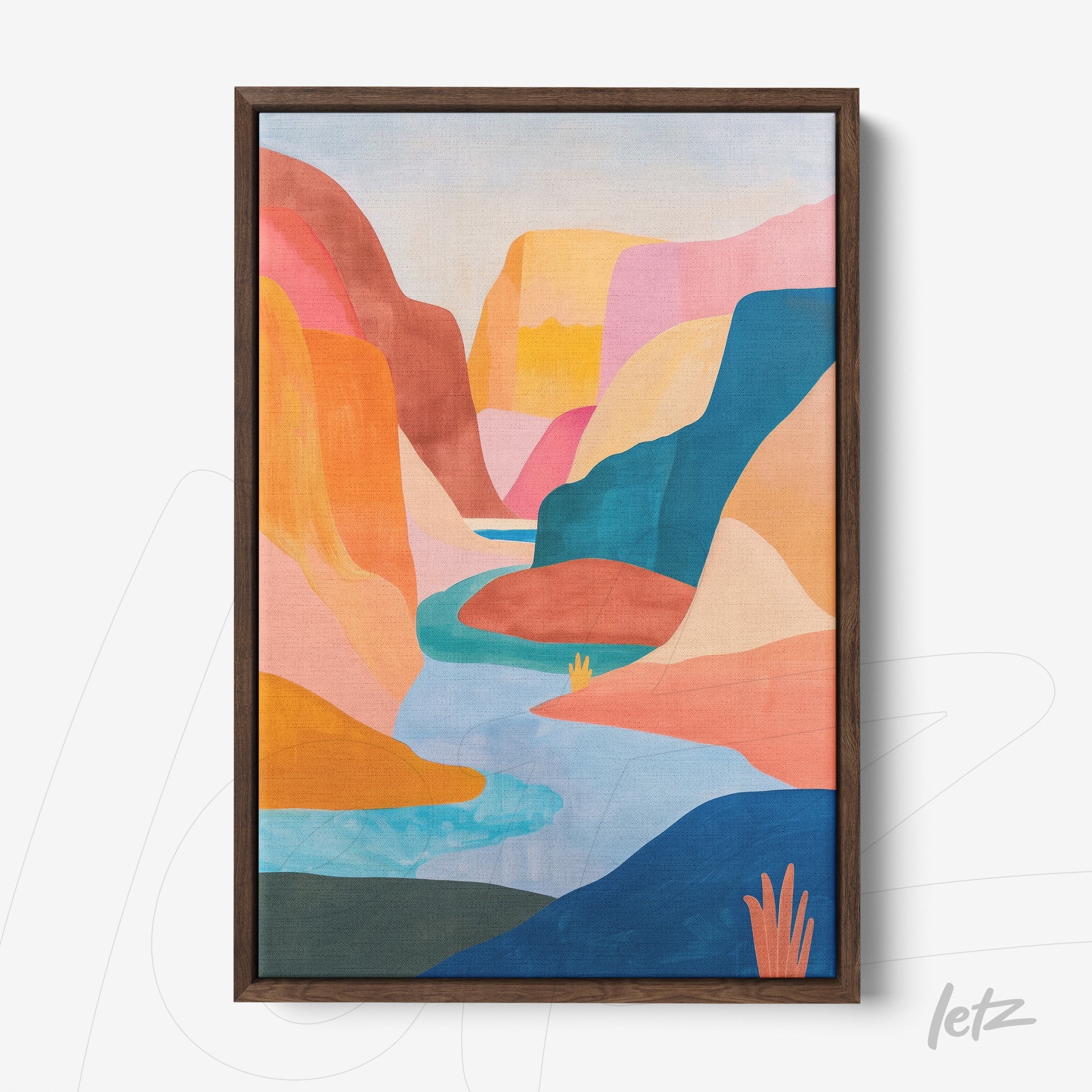 canvas wall art featuring abstract illustration of colorful mountains and river in dark wood frame