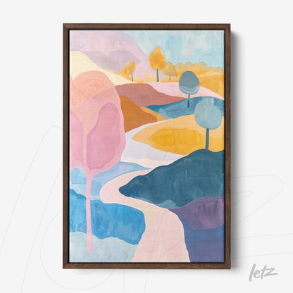 framed abstract art of a colorful landscape with hills in dark wood frame