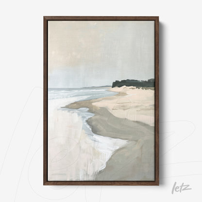 framed artwork featuring an abstract beach landscape with sand and water in dark wooden frame