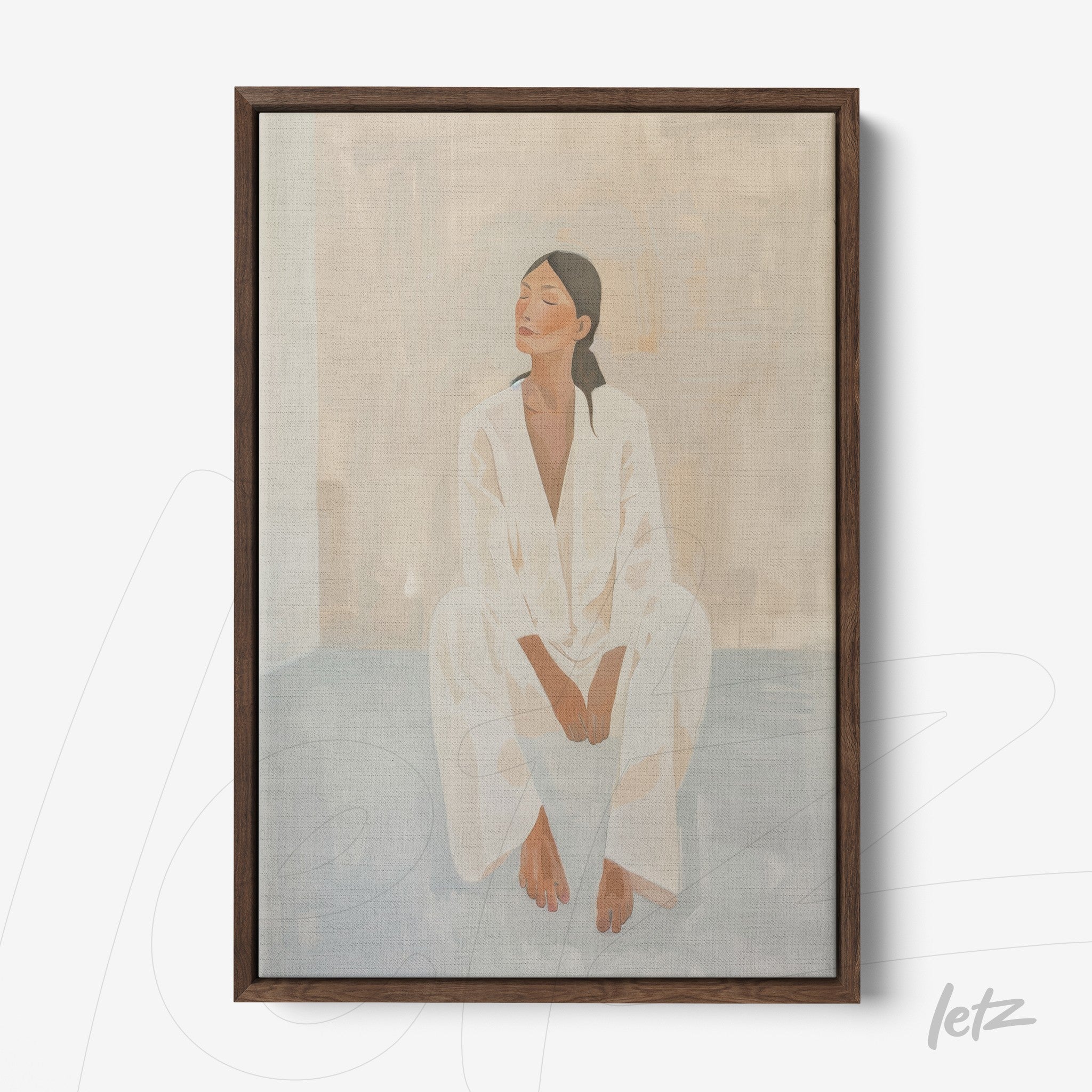 framed artwork featuring a neutral-toned painting of a seated woman in a reflective pose with dark wood frame
