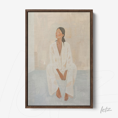 framed artwork featuring a neutral-toned painting of a seated woman in a reflective pose with dark wood frame