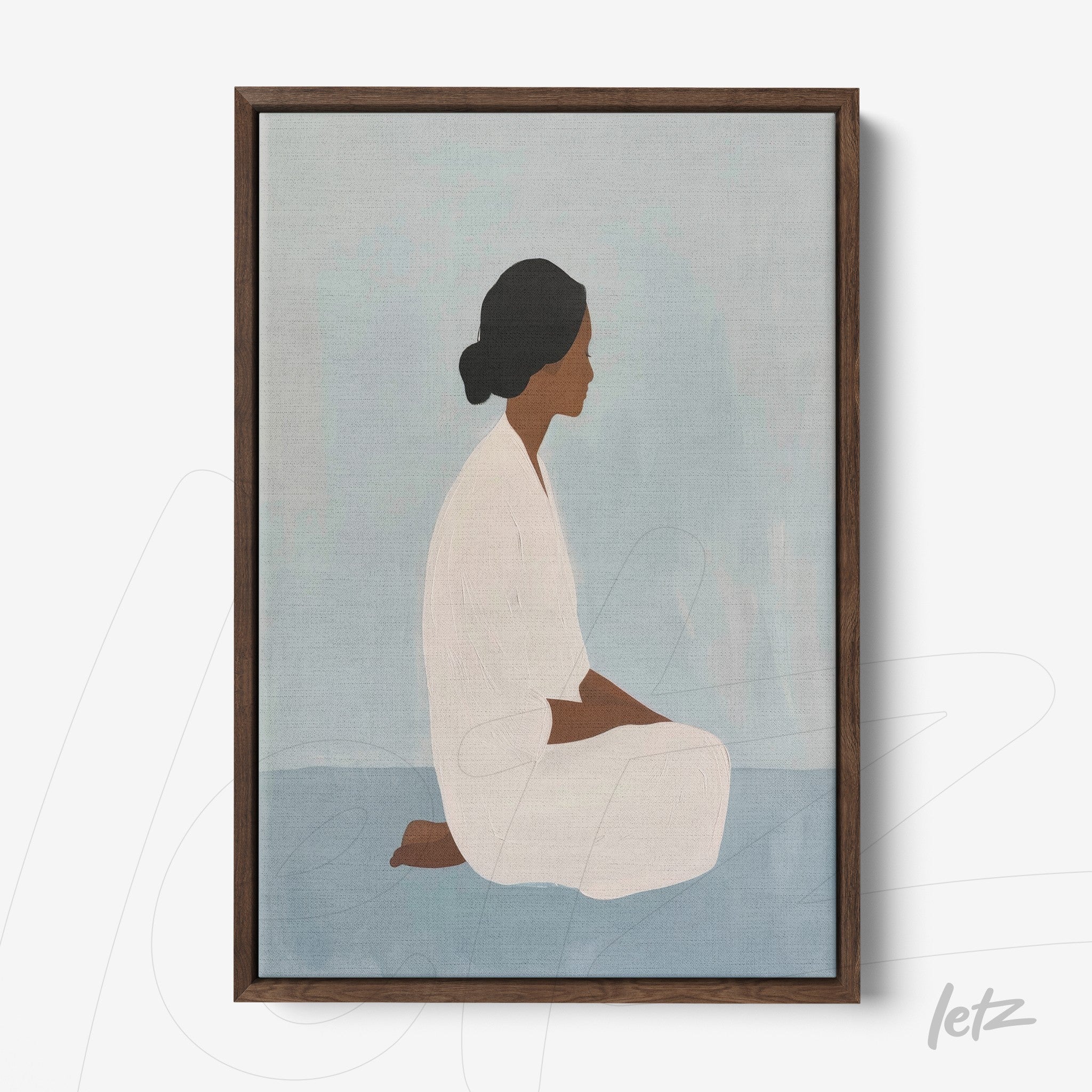framed artwork featuring a minimalist illustration of a seated woman in neutral tones with dark wooden frame
