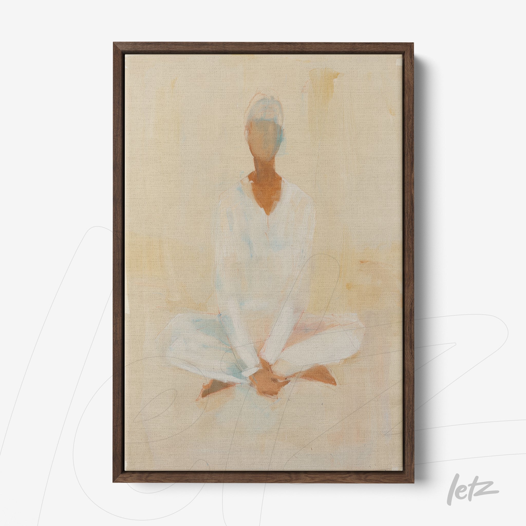 canvas print featuring an abstract figure of a person meditating in earthy tones with a dark wood frame