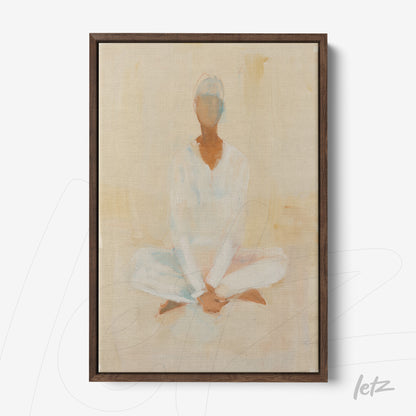canvas print featuring an abstract figure of a person meditating in earthy tones with a dark wood frame