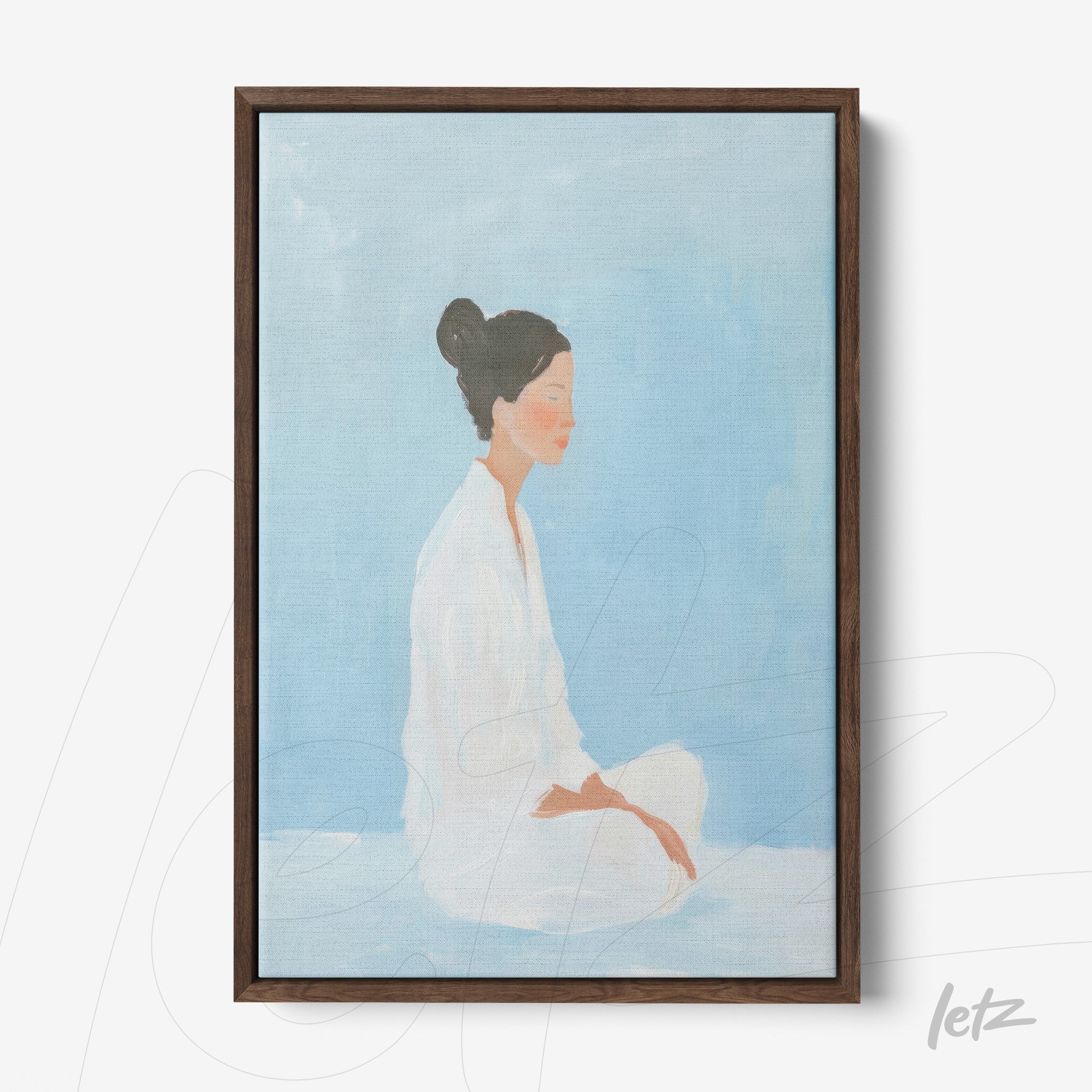 framed artwork depicting a minimalist illustration of a seated woman on a light blue background with a dark wood frame