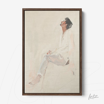 minimalist canvas wall art of a seated male figure in contemplative pose with dark wooden frame and soft texture