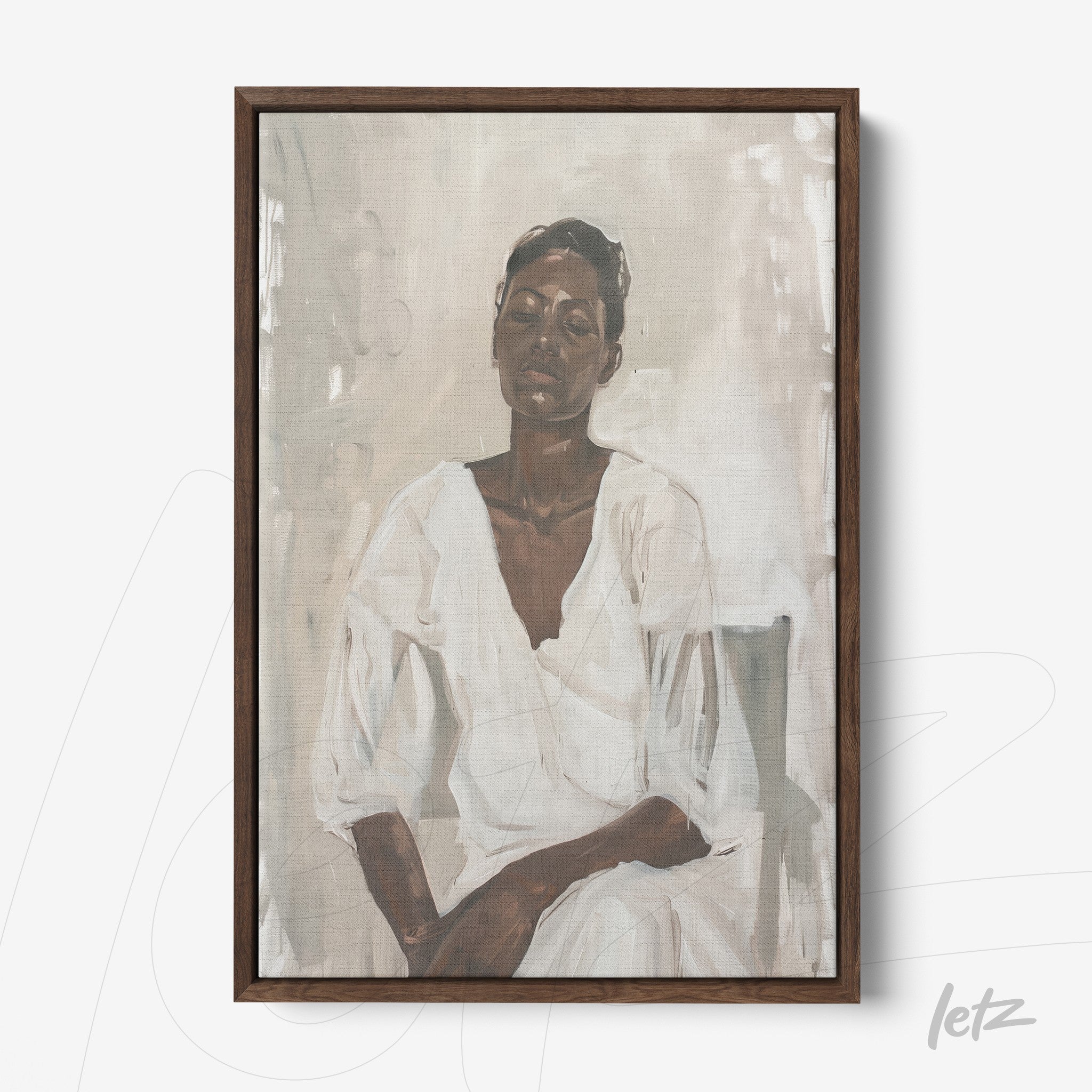 canvas print of a female portrait with neutral background and dark wooden frame