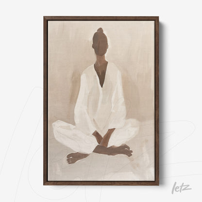 abstract wall art featuring a seated meditative figure in soft tones with dark wooden frame