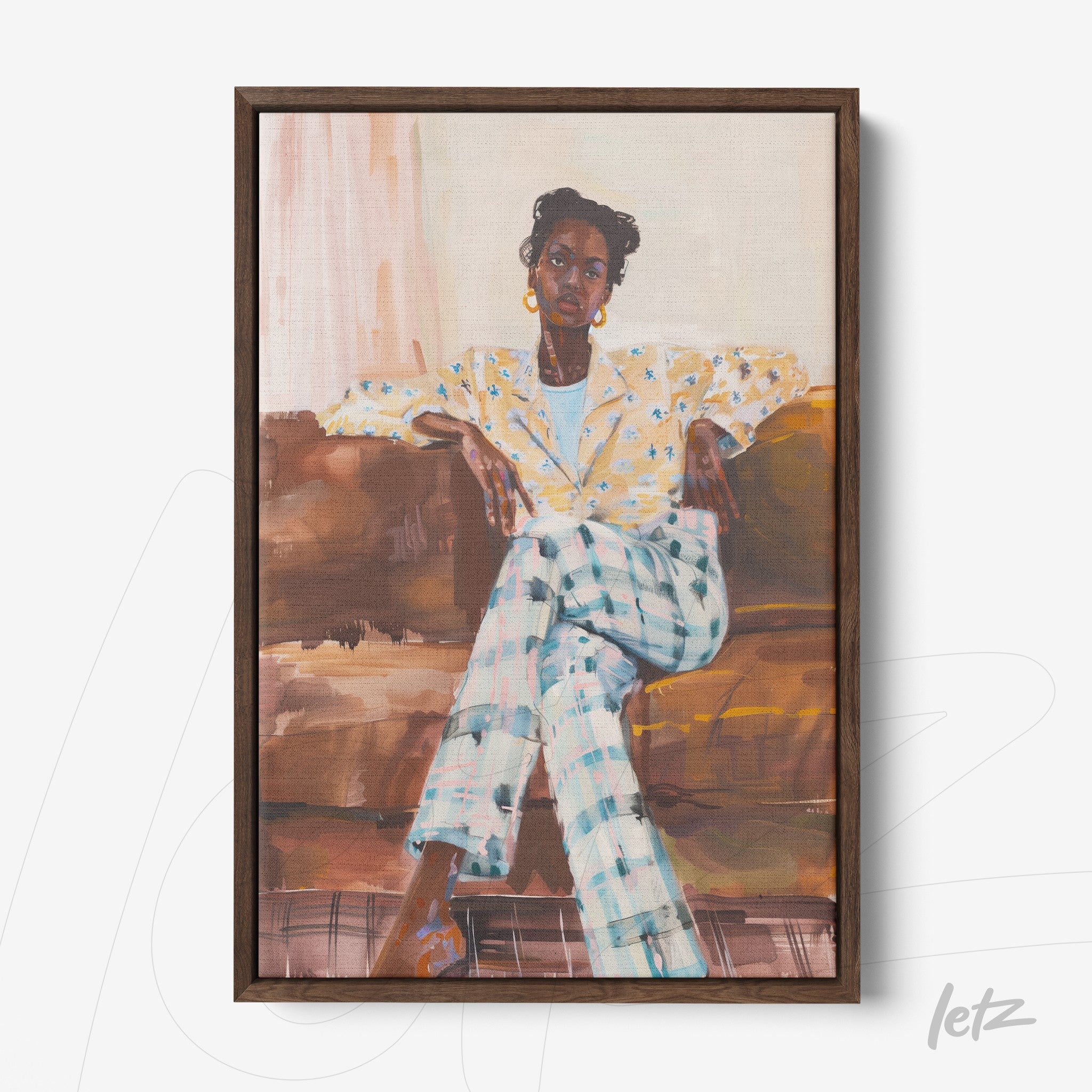 framed portrait of a woman sitting on a sofa, wearing a yellow floral shirt and checkered pants