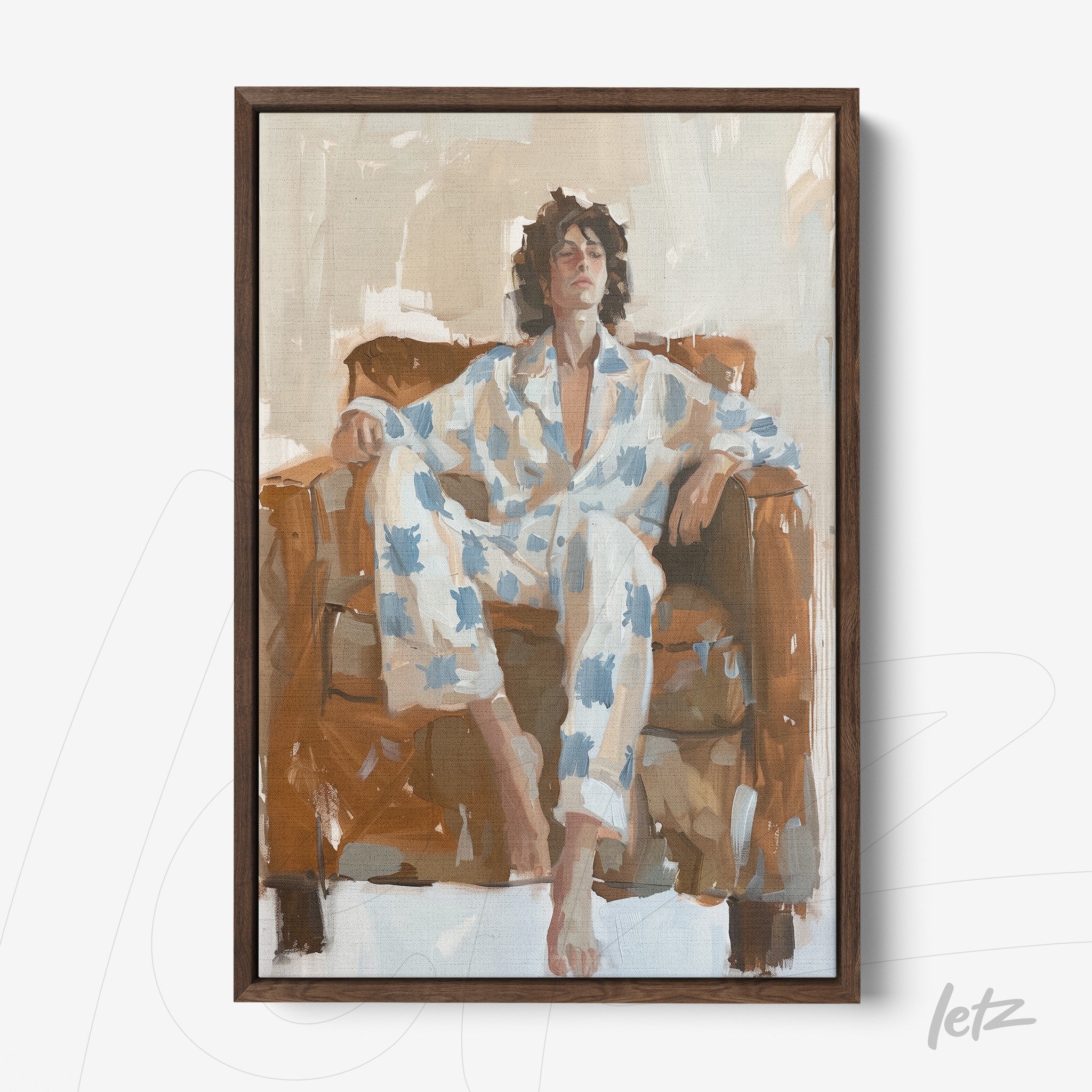 framed artwork of a man lounging on a couch wearing blue and white pajamas