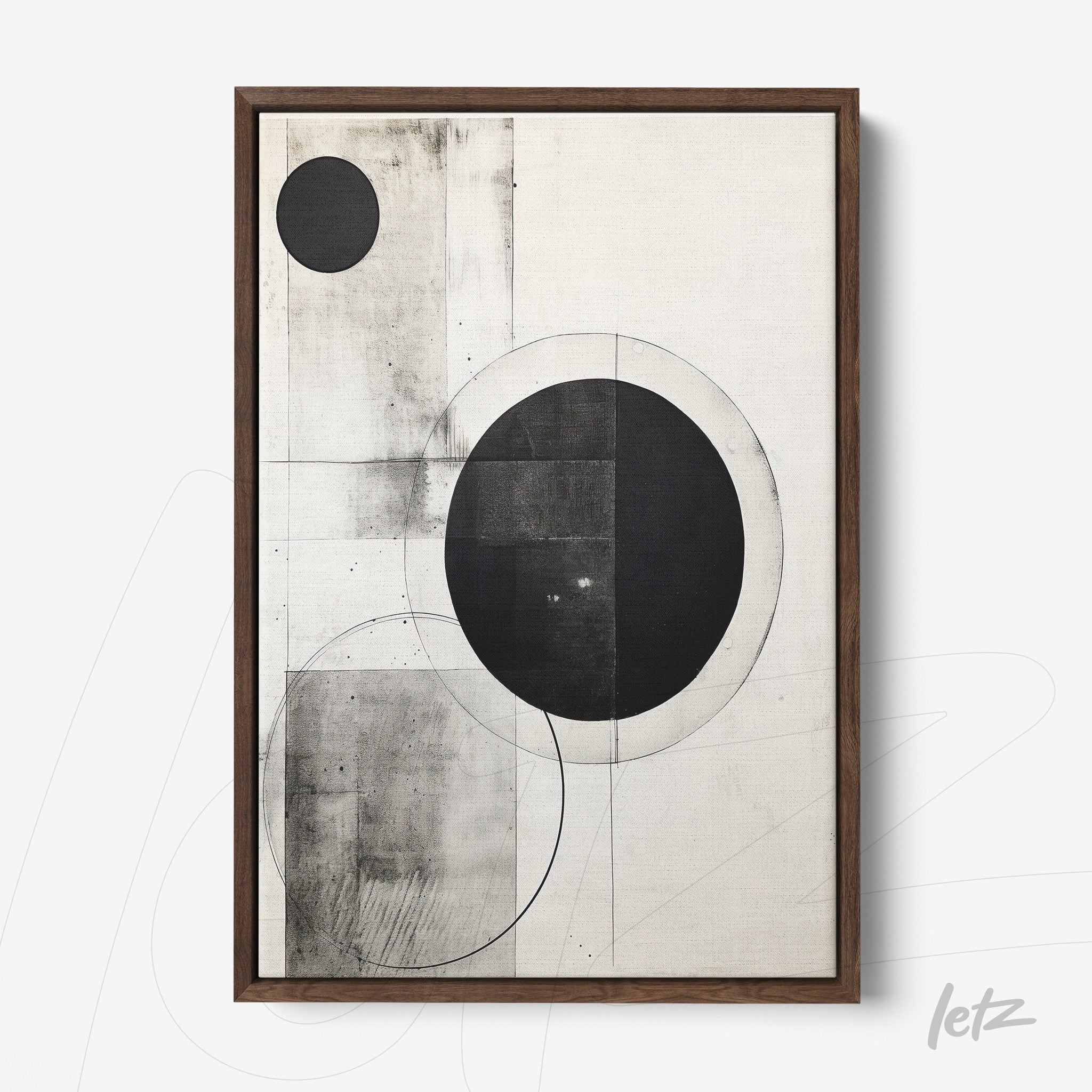 abstract framed wall art in black and white featuring geometric shapes with dark wood frame