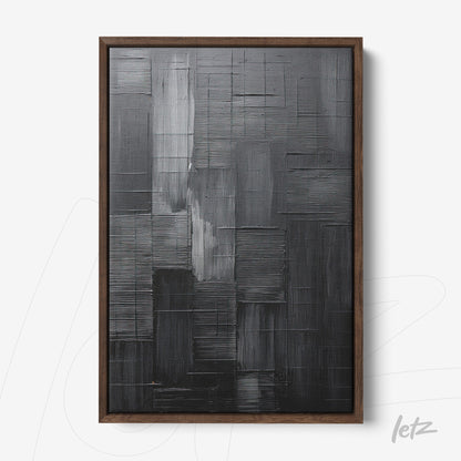 canvas art featuring dark gray textured abstract design in a dark wood natural frame