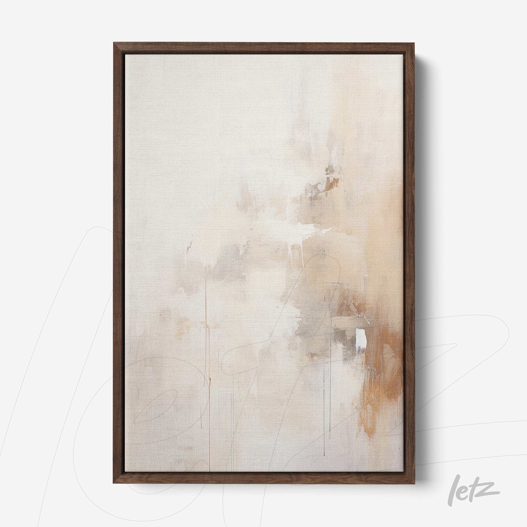 framed abstract art in neutral tones with orange details in dark wooden frame